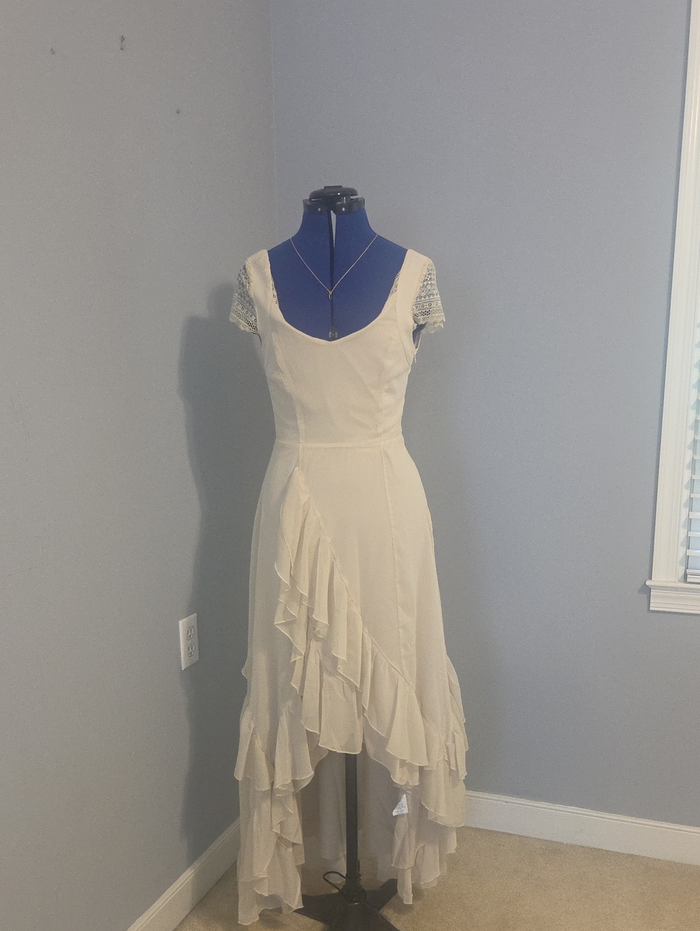 Cream Ruffle Maxi Dress with Lace Cap Sleeves